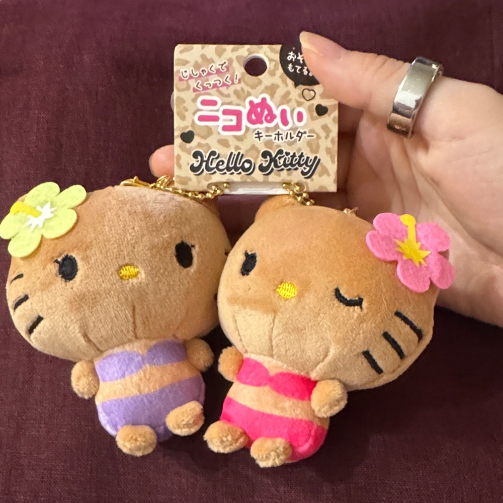Hello Kitty Brown Plush Keychain Pair with Pink & Purple Swimsuit